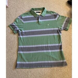 Nautica Mens XL Polo Shirt Green Grey Striped Short Sleeve Cotton Pique Logo